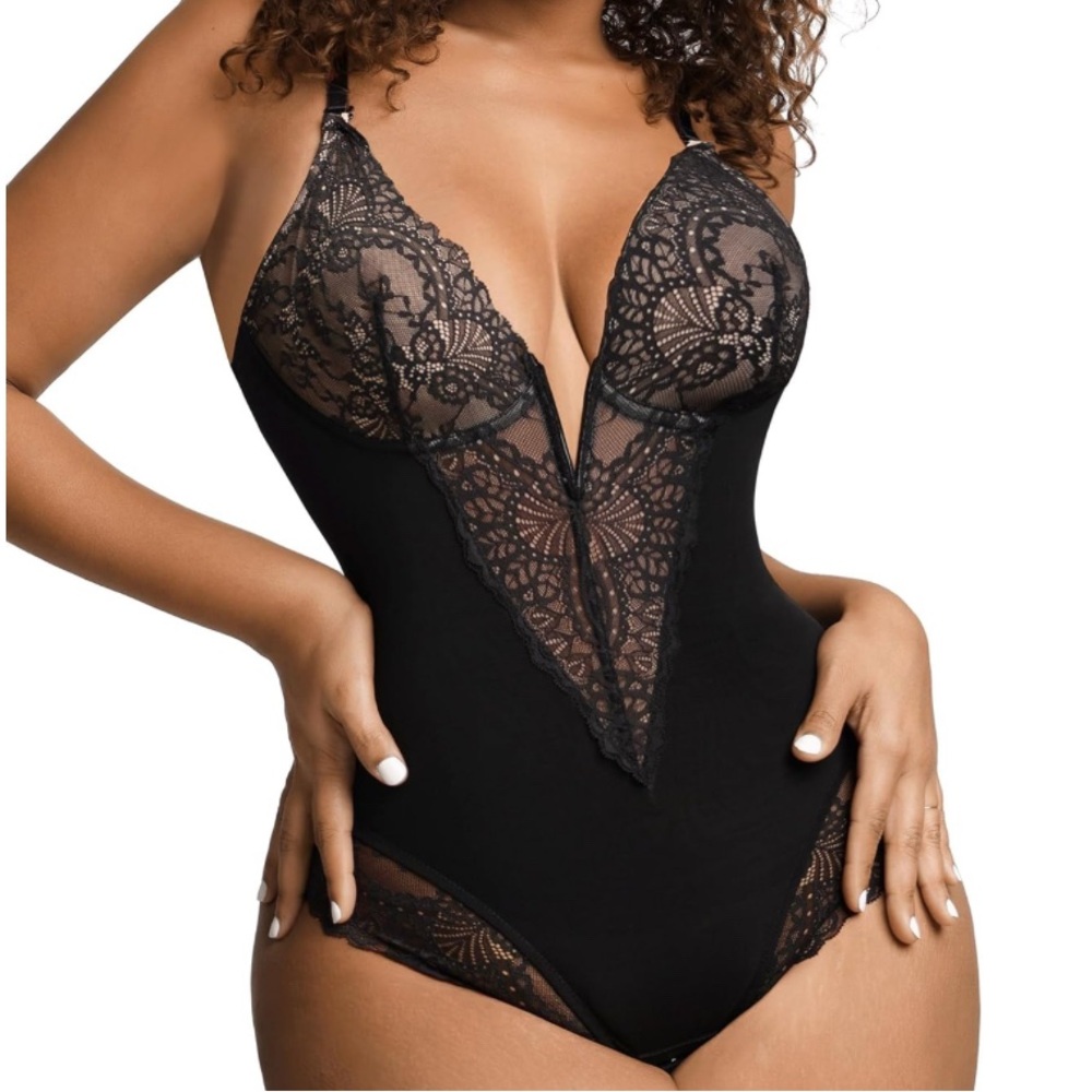 NWT Popilush Lace V-Neck Tummy Control Shapewear Bodysuit Thong - Small